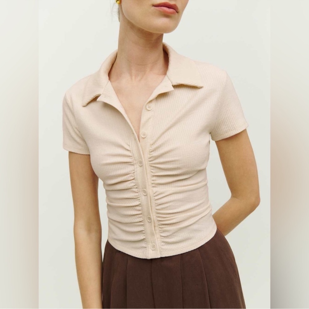 Reformation Beige Ruched Short Sleeve Top